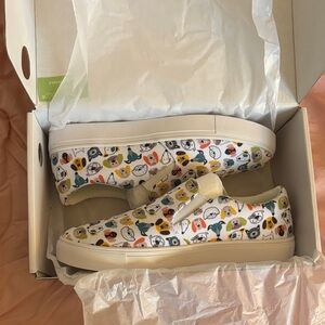 Hey Dude White Slip-On Sneakers with Multicolor Dog Print
